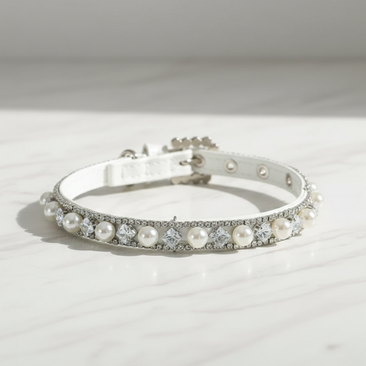 Collier de Luxe pour Chat avec Perles & Strass - Rose et Blanc